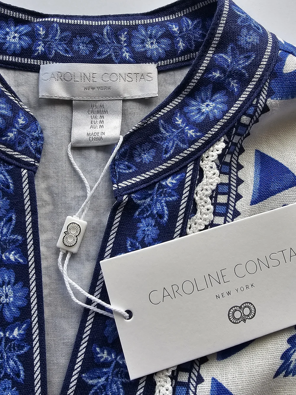 Caroline Constas Blue & White Floral Tapestry Lenzing Trim Linen Dress NWT $360 - Picture 7 of 8